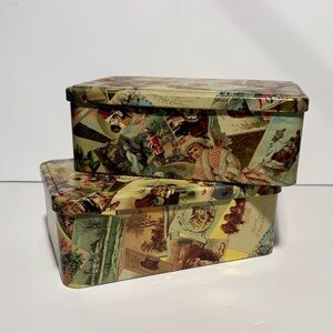 2 Vintage Style Decorative Tin Boxes - Victorian Christmas Postcard Design